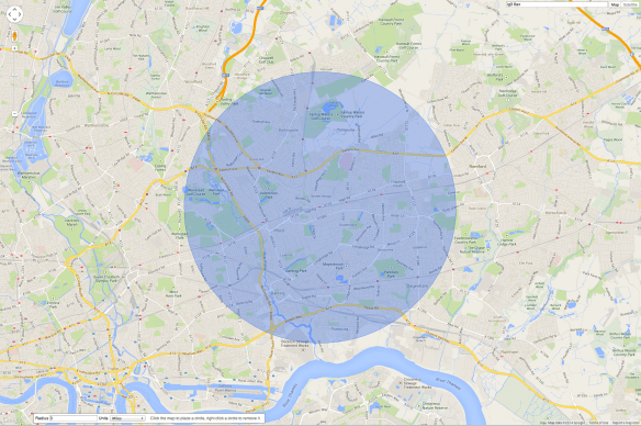 Map shows a circle of three mile radius. Bees will generally travel up to three miles to forage, which is anywhere in the circle, starting at the centre.